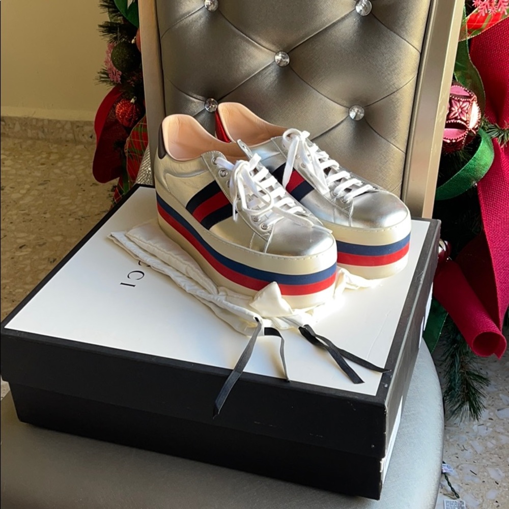 Gucci Leather Platform Sneaker Metallic Silver